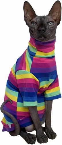 Vista 10 de Kitipcoo - Camisa de algodón con cuello redondo para gatos sin pelo Sphynx de rayas vintage, ropa para mascotas con mangas, camisetas para gatitos