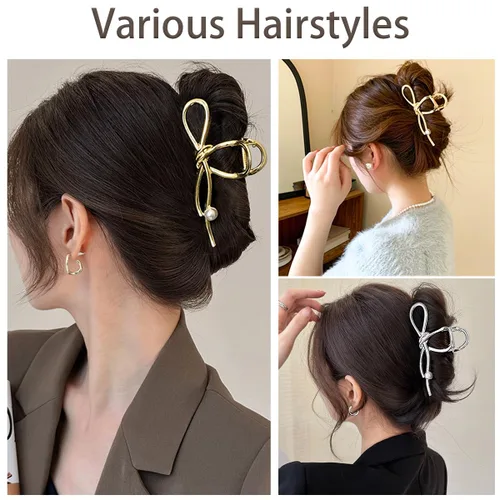 Vista 7 de 4 pinzas para el pelo con lazo grande para cabello grueso para mujer, antideslizantes, pasadores de pelo francés, elegantes perlas, mariposas