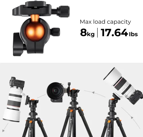 Vista 9 de K&F CONCEPT 64 pulgadas/163 cm Trípode de cámara, Trípode ligero de viaje al aire libre para DSLR con cabeza de bola de 360 grados, capacidad