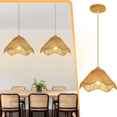Vista 13 de Lámpara Colgante de Ratán Boho para Isla de Cocina, Candelabros de Granja de Altura Ajustable Lámpara Colgante para Comedor, Luminarias de Luces