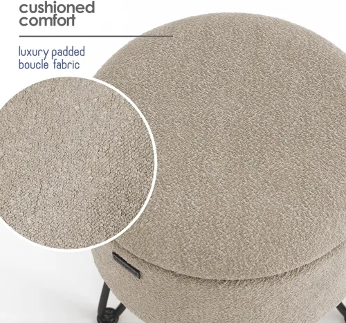 Vista 9 de STORAGEBUD Otomana redonda con almacenamiento, otomana de almacenamiento de bouclé, taburetes otomanos, taburete de tocador de maquillaje, pequeños