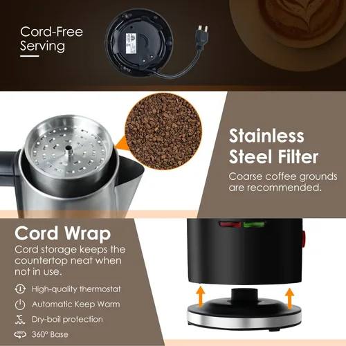 Vista 6 de HOMOKUS Percolador de café eléctrico de 12 tazas, cafetera percoladora de 800 W, acero inoxidable con perilla transparente, mango de tacto frío