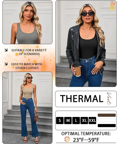 Vista 6 de Paquete de 3 camisetas térmicas sin mangas acanaladas para mujer, de forro polar de algodón, cuello redondo, ajustadas, capa base de camisola