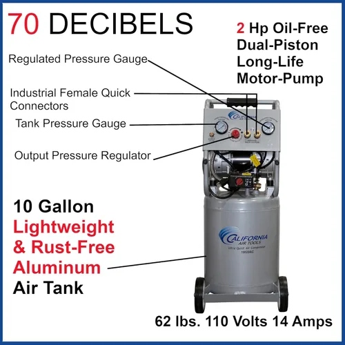 Vista 3 de California Air Tools 10020AC Ultra silencioso y sin aceite 2.0 Hp, 10.0 Gal. Compresor de aire de tanque de aluminio