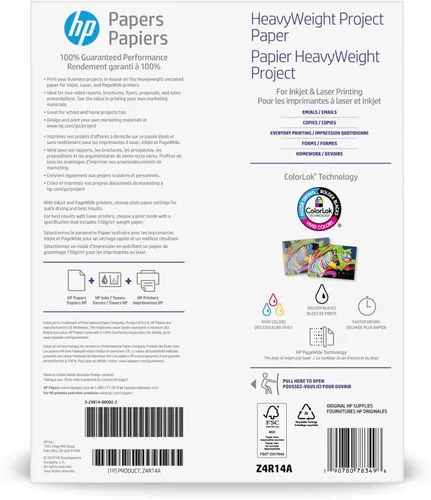Vista 2 de HP Papel para Proyectos HeavyWeight, Mate, 8.5x11 pulgadas, 40 lb, 250 hojas, funciona con impresoras de inyección de tinta, PageWide, láser (Z4R14A)