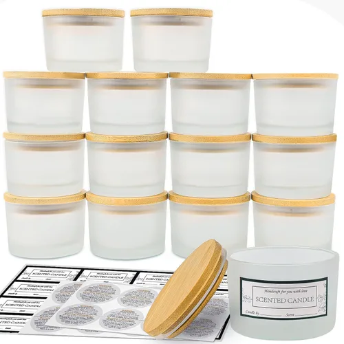 Vista 10 de CONNOO - Paquete de 15 tarros de vela de vidrio ámbar de 4 onzas con tapas herméticas de bambú Thick Glass, Bulk Small Wide Mouth Candle