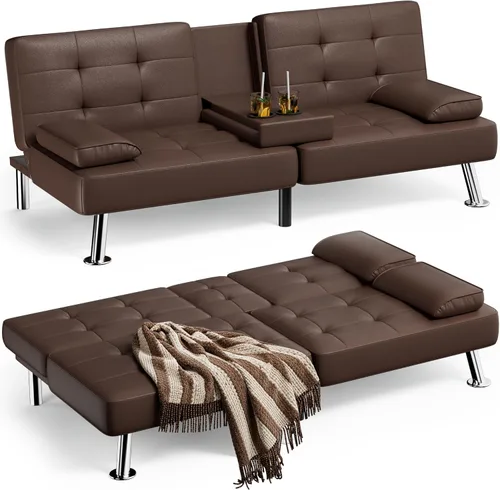 Vista 10 de JUMMICO Sofá futón de piel sintética con reposabrazos extraíbles, sofá cama ajustable con 2 portavasos para sala de estar (piel sintética, blanco)