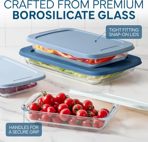 Vista 5 de COOK WITH COLOR - Juego de 8 piezas de refractarios profundos de vidrio con tapas de plástico, para hornear y almacenar alimentos, aptos para Azul