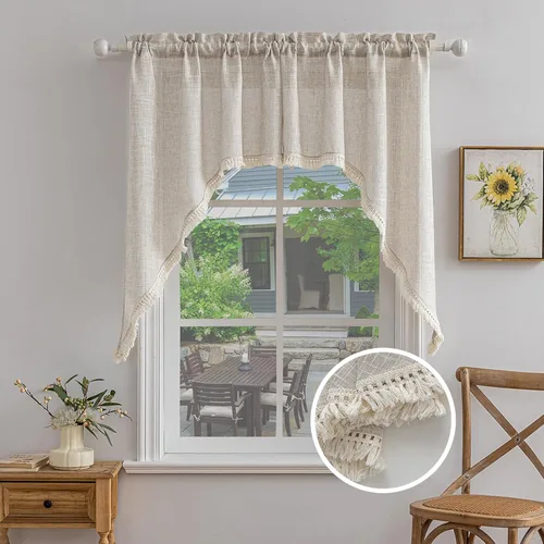 Vista 25 de Beda Home - Cenefas de lino texturizado con borlas para cocina de granjas; decoración rústica con filtro de luz para ventanas pequeñas, dormitorio