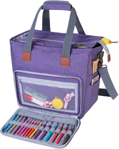 Vista 9 de LUXJA Bolsa de tejido de punto, bolsa de almacenamiento de hilo para llevar proyectos, agujas de tejer, ganchos de ganchillo y otros accesorios, gris