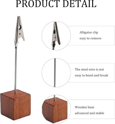 Vista 5 de 10PCS Brown Wooden Cube Base Memo Clip Holders, Alligator Clip Stands for Table Numbers, Place Cards, Photos and Wedding Decorations