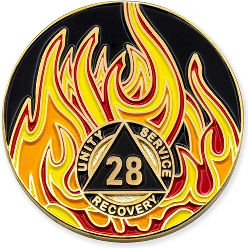 Vista 57 de Medallón de recuperación AA chapado en oro de 1 año Twisted Flames - Negro/Rojo/Naranja/Amarillo