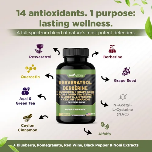 Vista 3 de Gade Nutrition Resveratrol Berberina Quercetina Extracto de semilla de uva Extracto de té verde N-acetil cisteína - Suplemento complejo 14 en 1