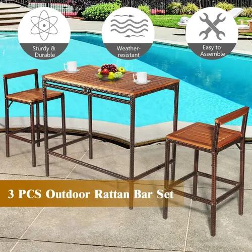 Vista 5 de RELAX4LIFE Juego de mesa de bar de 3 piezas, mesa de comedor de mimbre de ratán PE con parte superior de madera de acacia y 2 taburetes de bar