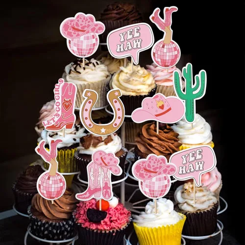 Vista 4 de 40 piezas de decoraciones para cupcakes de vaquera de doble cara con herradura, cactus, sombrero y bota, palillos para cupcakes, bola de discoteca