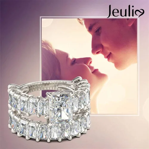 Vista 7 de Jeulia Juego de 2 anillos de boda de 3,85 quilates de corte radiante solitario de compromiso para mujer, anillo de plata 925 con circonita cúbica