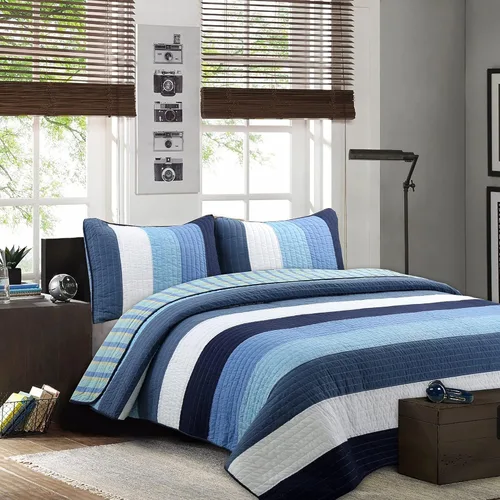 Vista 12 de Cozy Line Home Fashions - Juego de ropa de cama acolchada reversible de 100% algodón, con rayas azul marino y rojo, para niño, colcha, colcha