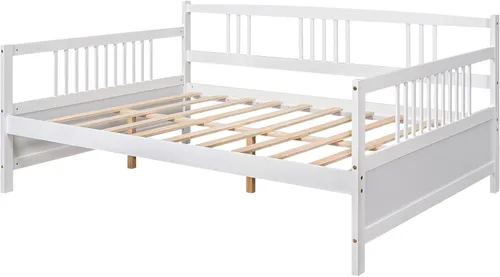 Vista 16 de Merax Cama de sofá con soporte de listones de madera moderna con rieles (matrimonial con cajones, café)