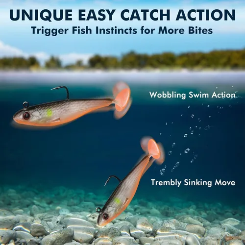 Vista 2 de TRUSCEND Shadtale Soft Fishing Lures with BKK Hooks – Easy Catch: Trembly Sinking and Vibrating Swim for More Bites, Paddle Tail Swimbait for Bass