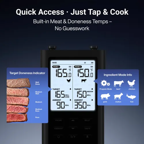 Vista 5 de ThermoMaven Termómetro inalámbrico inteligente para carne de 3000 pies – Sub-1G de largo alcance, 6 sensores de precisión certificada por NIST, 2