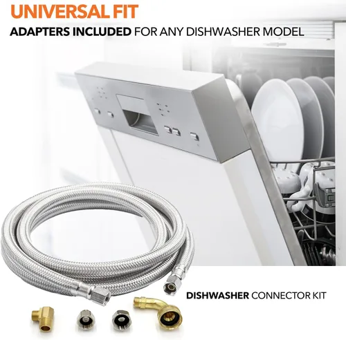 Vista 6 de Kit de instalación universal para lavavajillas, compresión de 3/8 pulgadas, manguera de acero inoxidable trenzada de 4 pies de largo + codo de Kit