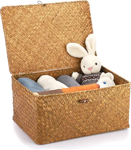 Vista 18 de Hipiwe Cesta de mimbre extra pequeña con tapa, cestas de almacenamiento de hierba marina natural, caja organizadora para el hogar, cesta