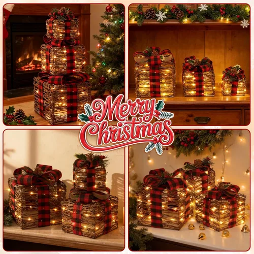 Vista 7 de LAWOHO - Juego de 3 cajas de regalo iluminadas de Navidad, cajas de regalo rústicas de ratán con lazos, cajas de regalo de Navidad LED operadas por