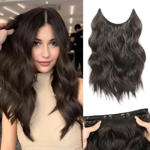Vista 20 de MORICA Extensiones de cabello con alambre invisible, 20 pulgadas, rubio, largo, ondulado, sintético, con alambre transparente, tamaño ajustable, 4