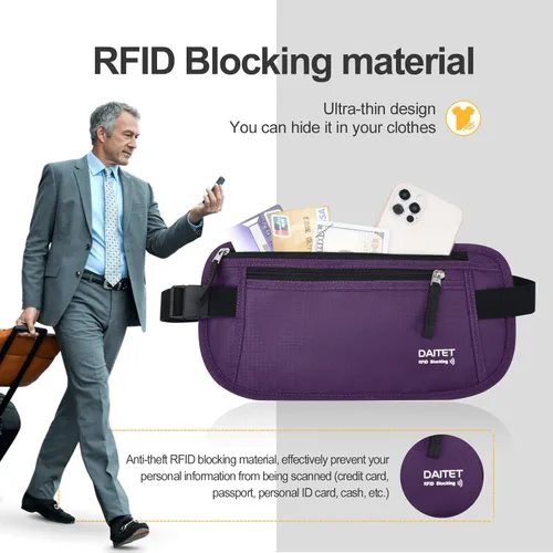 Vista 26 de DAITET Cinturón de dinero, soporte para pasaporte, cartera de viaje oculta segura con bloqueo RFID, riñonera encubierta (negro), Negro, Rfid