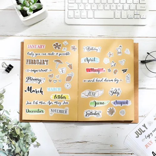 Vista 4 de Eaasty 24 hojas de calcomanías de planificador mensual, calcomanías creativas para diario, calendario estético para calendarios, libros de papel