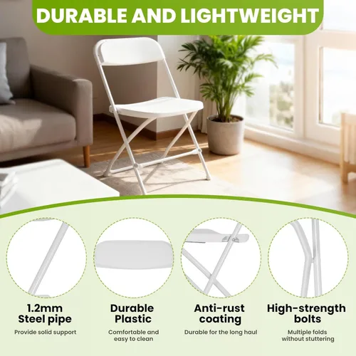 Vista 4 de Silla plegable blanca, sillas plegables de plástico portátiles para interiores y exteriores, asiento comercial apilable con marco de acero de 350