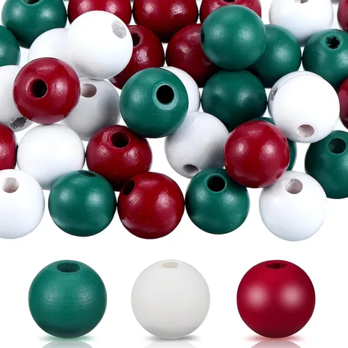 Vista 9 de Jetec 160 cuentas de madera coloridas de Navidad para manualidades de 0.632 pulgadas (0.630 in), rústicas, naturales, redondas, de madera pulida