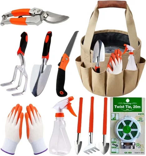 Juego completo de herramientas de jardín, 11 piezas de herramientas de jardinería resistentes con bolsa organizadora, juego de herramientas de