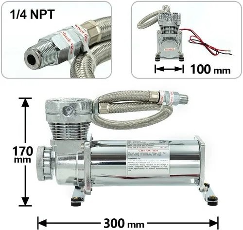Vista 2 de Compresor de Aire de 200 PSI 1/4 NPT de Servicio Pesado para Tren/Camión/Coche 12V PLATA, Compresor de Suspensión de Aire para Tren de 1/4 NPT