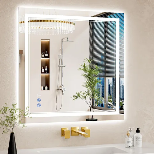 Vista 33 de Espejo de baño LED de 22 x 30 pulgadas con luces, antiniebla, retroiluminado + luz frontal, regulable, espejo de tocador LED para pared, espejo