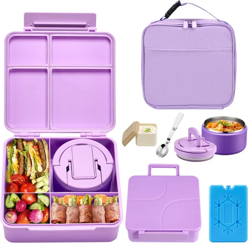 Vista 10 de Lonchera Bento con Termo de Sopa de 8 onzas, Contenedores de Comida con 4 Compartimentos a Prueba de Fugas para Niños con Taza de Salsa y Paquete