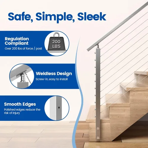 Vista 5 de Muzata Poste de barandilla de cable de escalera de montaje lateral de 36 pulgadas para escaleras de 25 a 35 grados, 36 x 2 x 2 pulgadas, diseño