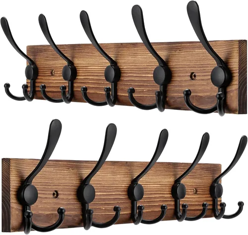 Vista 9 de Kuhome Perchero de madera para colgar sombreros de pared, tablón de madera real de pino de 16.9 pulgadas, color marrón, con 5 ganchos triples