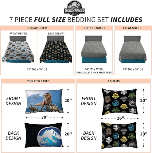 Vista 4 de Franco - Juego de ropa de cama para niños supersuave con funda, edredón y sábanas, 7 piezas, tamaño matrimonial, Jurassic World