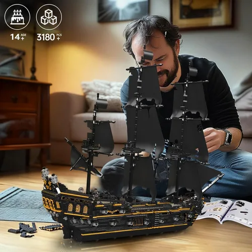 Vista 7 de Mould King MOC 13199 - Kit de bloques de construcción modelo de barco piratas, juego de construcción grande de barco de vela de perlas negras
