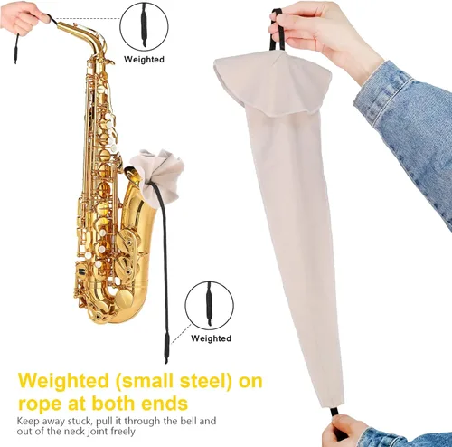 Vista 5 de Kits de limpieza de saxofón con estuche para instrumentos de trompeta, flauta de saxo y clarinete, 8 cojines de boquilla de saxofón, cepillo de Beige