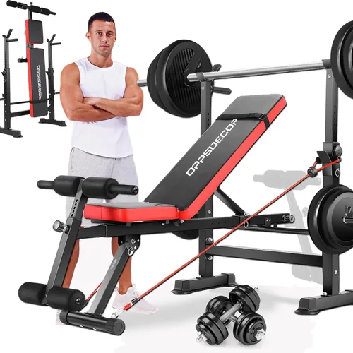 Vista 7 de OPPSDECOR Banco de pesas ajustable con soporte para barra de peso, soporte de pie removible, banco de pesas todo en uno de 600 libras, banco
