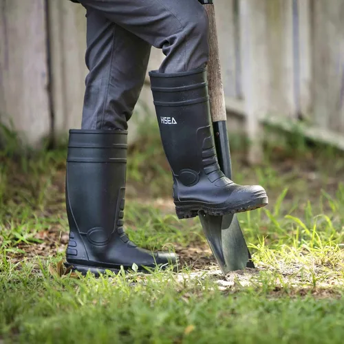 Vista 5 de HISEA Botas de lluvia para hombre con vástago de acero, calzado protector de goma impermeable, botas de lluvia de PVC sin costuras, botas de trabajo