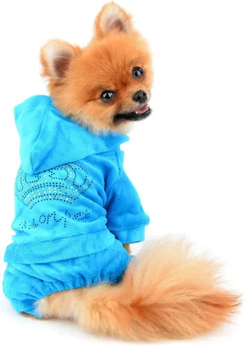 Vista 5 de SMALLLEE_LUCKY_STORE Ropa para mascotas para perros pequeños y gatos, mono con capucha de terciopelo suave con corona, abrigo, pijama, chándal, Azul