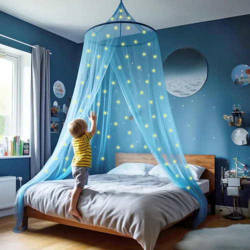 Vista 8 de Dosel para cama de niñas con estrellas pre-pegadas que brillan en la oscuridad - Red mosquitera de princesa decoración de habitación - Tienda