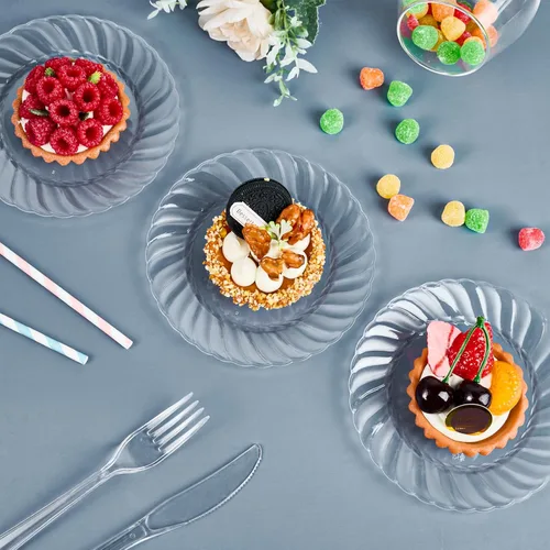 Vista 6 de FOCUSLINE 100 unidades de platos de plástico transparente de 6 pulgadas, platos desechables de plástico duro premium para ensalada y postre - Platos