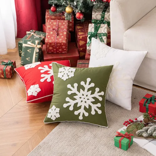 Vista 5 de MIULEE Paquete de 2 fundas de almohada decorativas de Navidad con diseño de copo de nieve, fundas de almohada de lona con bordado de invierno Verde