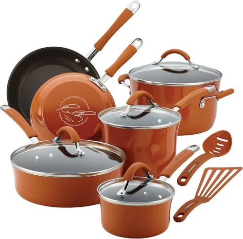 Vista 19 de Rachael Ray Cucina - Juego de ollas y sartenes antiadherentes anodizadas, 12 piezas, gris con asas azules