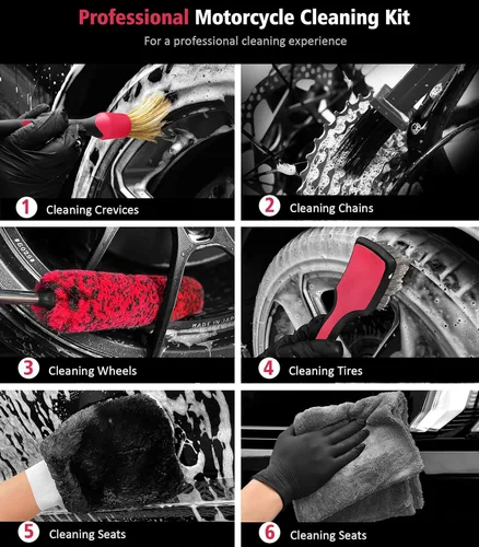 Vista 2 de YeewayVeh Kit de limpieza de motocicleta de 6 piezas con cepillo de detalles de pelo de jabalí, seguro para cromo, cadena, neumáticos y motor