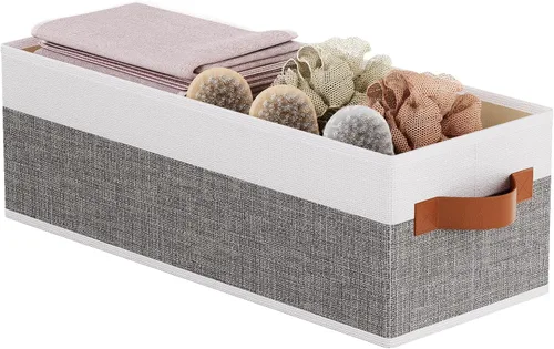 Vista 12 de Contenedor de almacenamiento, cesta plegable de lino para ropa, contenedor de almacenamiento con asas dobles para dormitorio, beige, 15 x 6 x 5